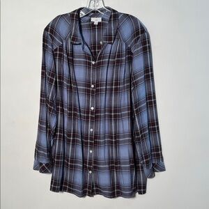 J. JILL Plaid Flannel Casual Weekend Blue/Wine Long SLV Cotton/Model Tunic SZ 2X